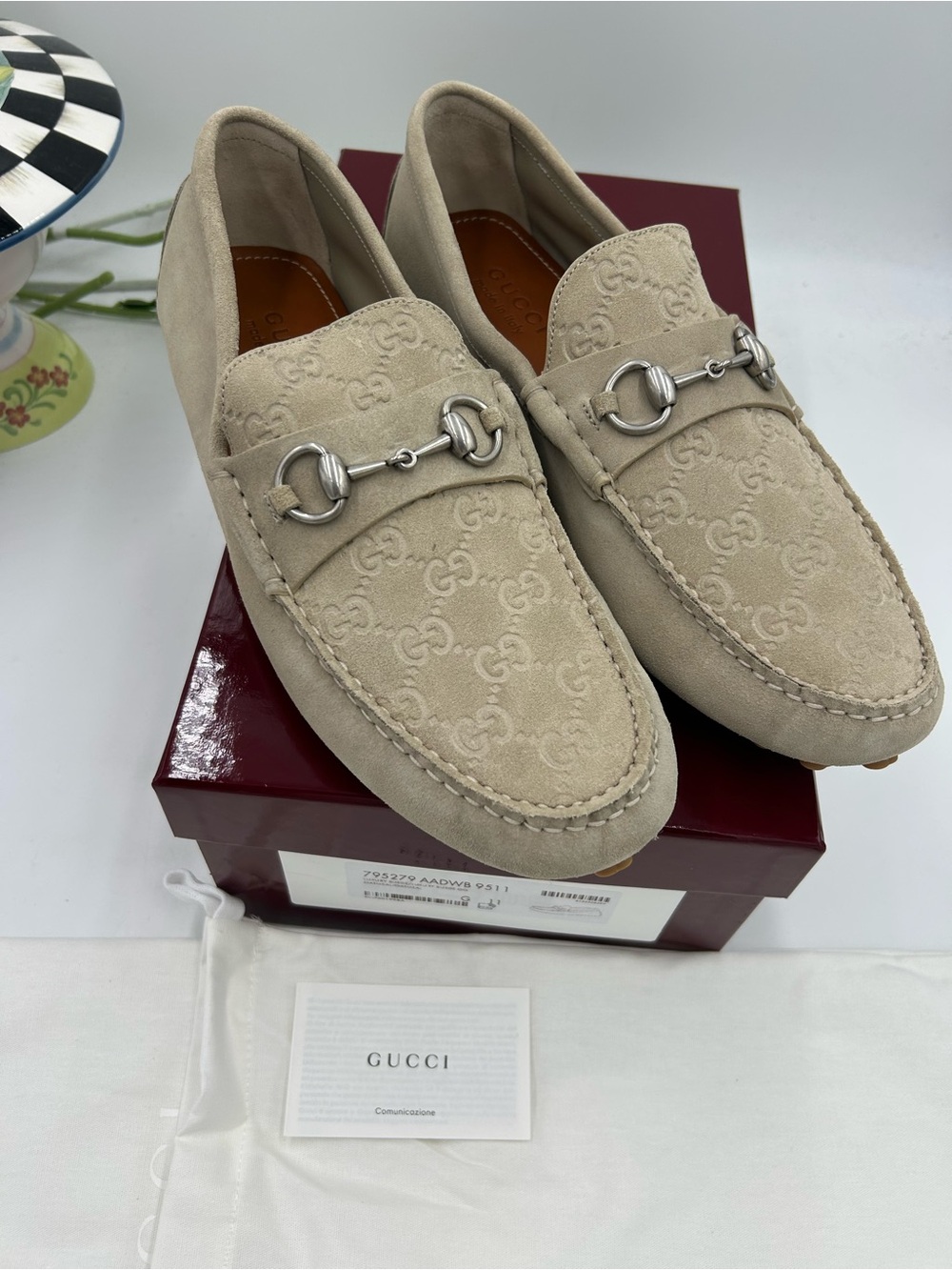 Men’s Gucci GG embossed oatmeal suede driver loafers size 11 fits 12 US